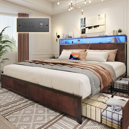 Image of Lifezone King Bed Frame with 2-Tier Storage Headboard, Metal Platform Bed Frame with 4 Storage Drawers, Built in Charging Station & LED, Noise-Free /Metal Support /No Box Spring Needed, Coffee Brown