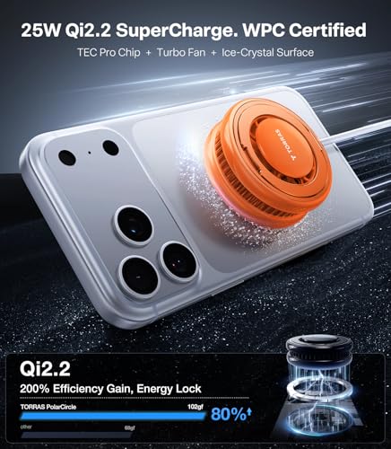 Image of TORRAS PolarCircle Qi2.2 Wireless Charger, 25W Cooling Magnetic Pad for iPhone 17 /16, Wireless Charger for Samsung Galaxy S26 /S25 with 360Spin Stand, Semiconductor Game Cooler, with 45W IceNano Plug