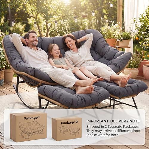 Image of NICESOUL Oversized Double Rocking Papasan Chair with Cushion, 2 Person Big Wicker Outdoor Comfy Recliner, Large Heavy Duty 700 lbs Loveseat for Patio, Balcony, Backyard (Grey, 2 Seats w /Ottoman)