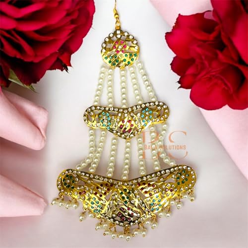 Image of Gold Look Copper Jadau Wedding Jhumar Passa Multi Color stone with White Perl Beads | Jhoomar Maang Tikka for Women