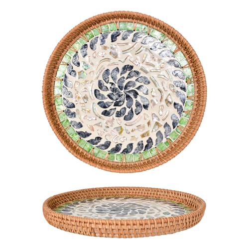 Bandeja Redonda de Ratán, Bandeja de Ratán con Nácar, Base de Madera, Decorativas Bandejas de Servicio de Tejido Mimbre para Frutas, Cafe, Bebida, Té y Comidas, 30 cm (Turco)