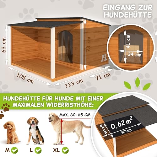 Outentin Hundehütte Isoliert Winterfest XL - Hundehaus mit Flachdach & Terrasse Für Große Hunde - Stabile Hütte für Draußen - Wetterfest Haus mit Wärmedämmung - 123 x 105 x 73 cm - Eiche
