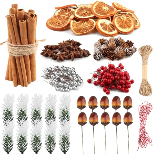 232 Piezas Decoraciones de Corona de Adviento, Adornos Navidad Manualidades - Piñas Rodajas de Naranja Canela en Rama Anís Estrellado Artificiales de Bayas Rojos Rama de Pino