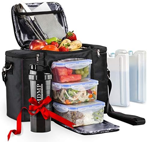 Meal Prep Lunch Bag/Box For Men, Women + 3 Large Food Containers (45 Oz.) + 2 Big Reusable Ice Packs + Shoulder Strap + Shaker With Storage. Insulated Lunchbox Cooler Portion Control Set (Black)