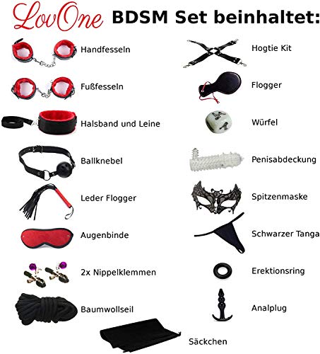 LOVONE Größtes Bondage Set Satz mit 18 Stück Perfekt für Anfänger und Erfahr Fesselset SM Fesseln mit Handschellen mit Augenmaske Erotik Sexspielzeug Für Pärchen Liebhaber Einsteiger Schwarz Rot