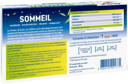 Alvityl Comprimés Sommeil 4 Actifs Végétaux - Endormissement Rapide, Sommeil Qualitatif, Relaxation - 30 Comprimés