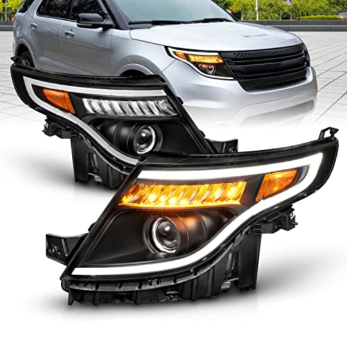 AmeriLite for 2011-2015 Ford Explorer LED Tube Signal Projector Black Replacement Headlight Pair - Driver and Passenger Side