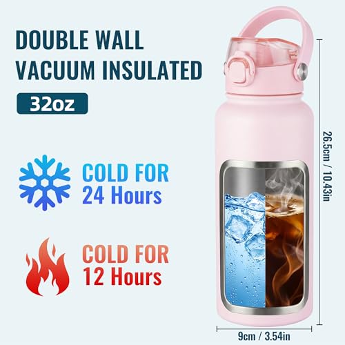 Image of OLDLEY 32oz Insulated Water Bottle with 2-in-1 Straw & Chug Lid, Leakproof Stainless Steel Bottle, Double Wall Vacuum Insulated Water Bottle for Sports, Gym, Travel,Pink