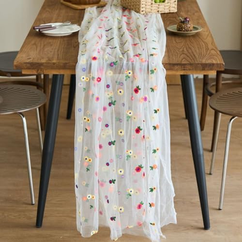 Table Runner Embroidery Daisy 30 x 275cm, Sheer Chiffon Florals Table Runner, Tulle Wedding Tables Decoration for Baby Bridal Shower Birthday Sunmmer Kitchen Dining Home Party Indoor - Image 6
