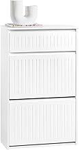 SoBuy FSR165-W Narrow Shoe Rack Entryway – Shoe Cabinet with 2 Flaps and Drawer Organizer – Ideal for Narrow Hallway – White, Sturdy MDF, 61 x 26 x 100 cm
