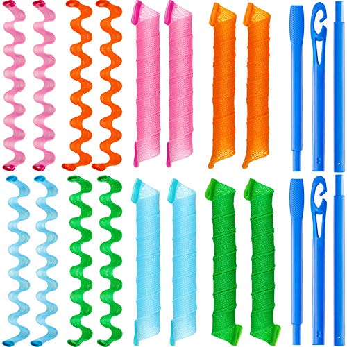 53 Pieces Hair Curlers Spiral Curls Styling Kit, Include 24 Pieces 22 Inch No-Heat Spiral Hair Curlers, 24 Pieces 22 Inch Water Ripple Hair Rollers with 2 Pieces Styling Hooks and 3 Pieces Bang Curler
