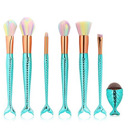 LHEI 7Pcs Mermaid colorful Rainbow Makeup Brushes Set With Fantasy Pink Blue Fish Makeup Brush Beauty Powder Foundation Contour Brushes