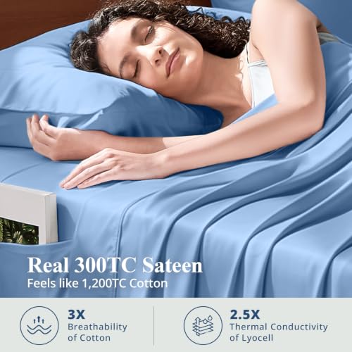 Image of King Size Sheet Set, Viscose Bamboo Sheets for Bed Set 4pcs, 100% Viscose Derived from Bamboo, Hotel Luxury Silky & Cooling for Hot Sleepers, Deep Pocket Up to 17 inch, Light Blue