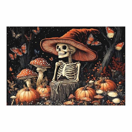 TERUEA Halloween Château Toile Fond Un squelette coiffé d’un chapeau champignon se tient parmi les champignons, décoration fête fantaisie,...