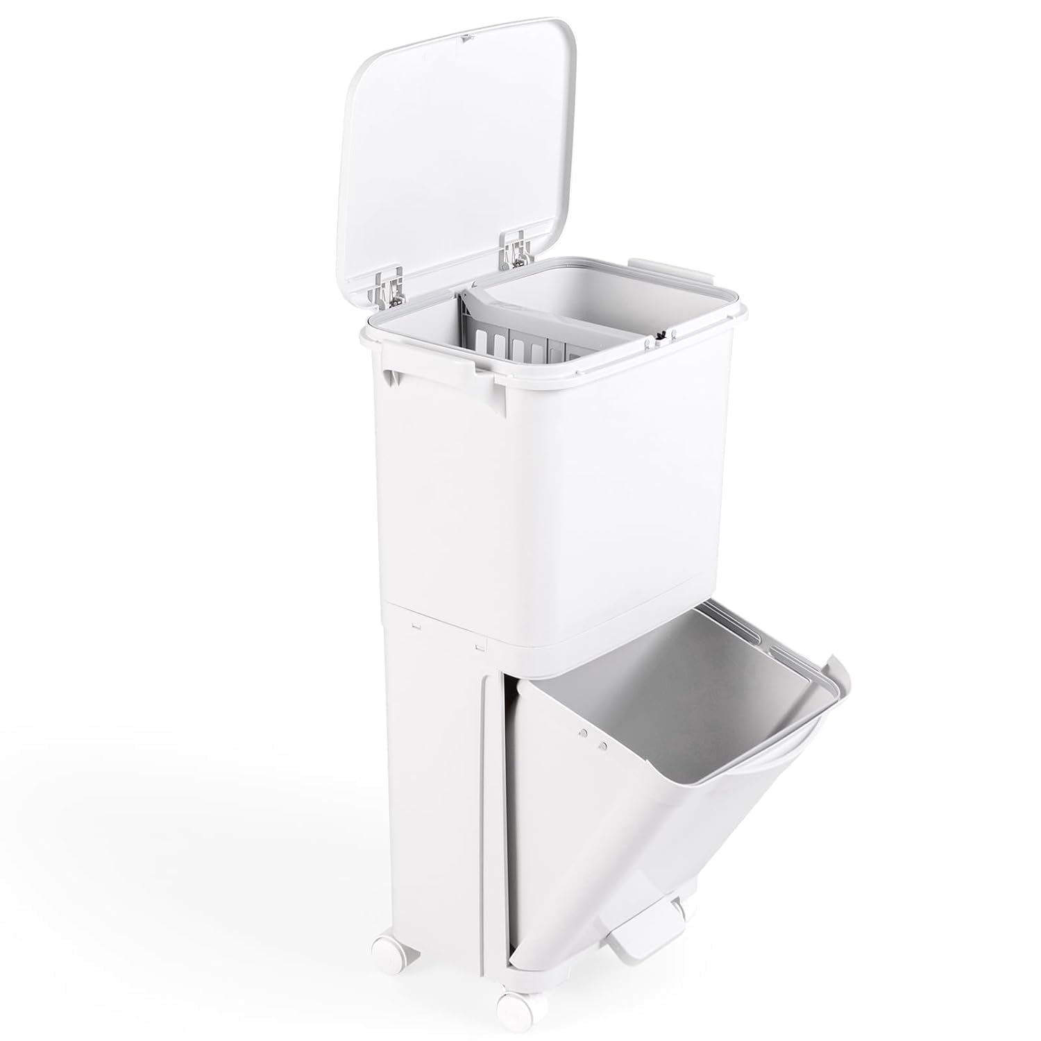 LIFEZEAL Pattumiera Differenziata a 3 Scomparti, Stretto, Coperchio a Pressione, Pedale, 4 Ruote, 2 Maniglie, Cestino Spazzatura Rimovibile, Bidoni Interno, Secchio Rifiuti, Cucina (Bianco, 40 L)