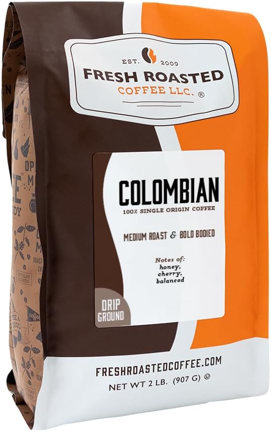 Fresh Roasted Coffee, 100% Colombian Drip Ground Coffee, Medium Roast, Kosher, 2 lb (32 oz)