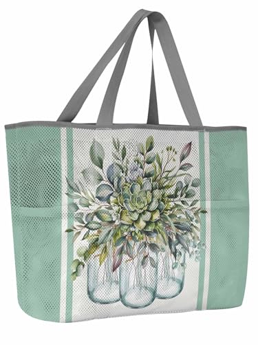 Mesh Beach Bag Oversized Tote Bags for Women Flower Green Leaves Vase Large Travel Pool Bags with 8 Pockets