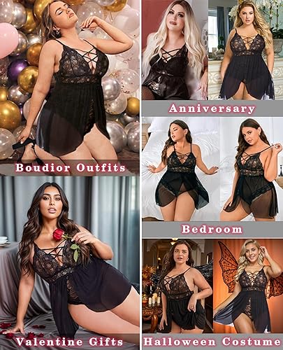 Image of Avidlove Plus Size Babydoll Womens Snap Crotch Lingerie V Neck Lace Nighty Sleepwear L-5XL