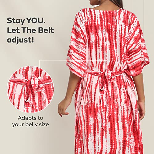 Image of Maternity Dress for Women with Breastfeeding Zippers | Kaftan Dress | Adjustable Belt for Growing Belly | Feeding Dress for Pre & Post Pregnancy