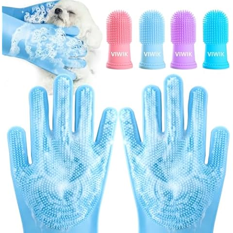 VIWIK Dog Bath Gloves with 4Pack Dog Toothbrush, Dog Grooming Kit, Dog Finger Toothbrush for Small Breed, Medium Large Dogs, Silicone Dog Washing Gloves with High-Density Teeth, Pet Grooming Gloves Cover