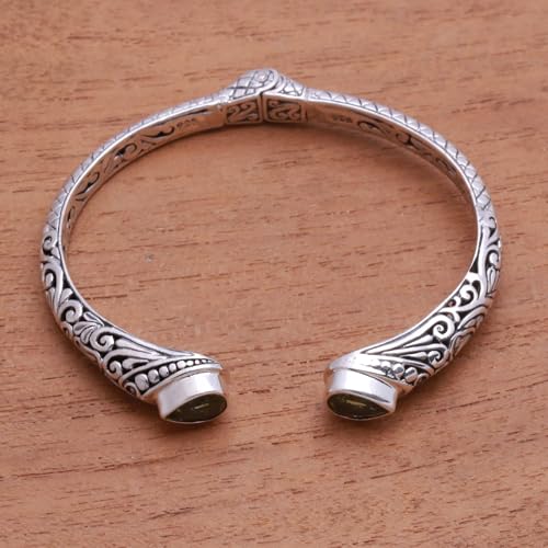 NOVICA Artisan Handmade Peridot Cuff Bracelet Teardrop from Bali Sterling Silver Indonesia Gemstone [5.75 in L (end to End) x 0.3 in W] ' Balinese Terrace'2