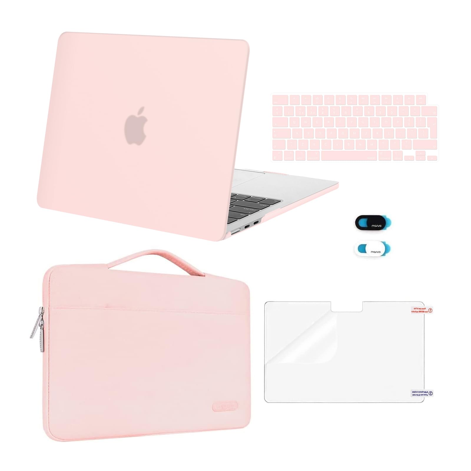 MOSISO Custodia Compatibile con MacBook Air 13 Cover M5 M4 M3 M2 2026 2025-2022 A3449 A3240 A3113 A2681,Case per MacBook Air 13,6'' &Sleeve Borsa&Copritastiera&Copri Webcam&Pellicola, Gesso Rosa