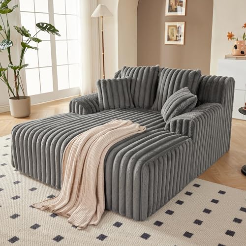 Mangodan 53.5”W Oversized Chaise Lounge Chair Indoor, Boneless Couch with 4 Pillows, Cozy Reading Chairs with Wide Arms, No Assembly Corduroy Boneless Chair, Memory Foam Couch for Living Room, Gray