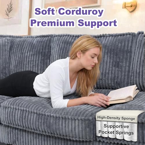 Image of 97 inch L Shaped Sectional Couch, Comfy Corduroy Sectional Couch, Modular Convertible V Shaped Couch, 5 Seat Corner Sofa with 2 Pillows & Storage Armrests for Living Room, Grey