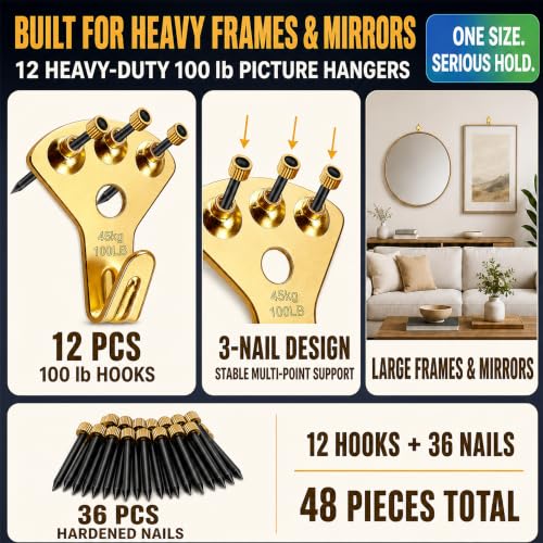 Image of 12 Heavy Duty Picture Hangers, 100 lb Each, with 36 Nails for Drywall