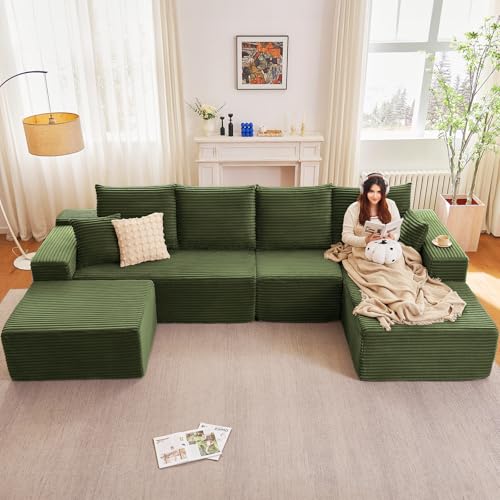Image of 135.4 inchModular Sectional Sofa, Boneless Couch U-Shaped Sofa for Living Room | Cloud Couch Sectional with Ottoman, 4 Seater Deep Seat Memory Foam Compressed Sofa, No Assembly, Right-Facing Chaise, Green