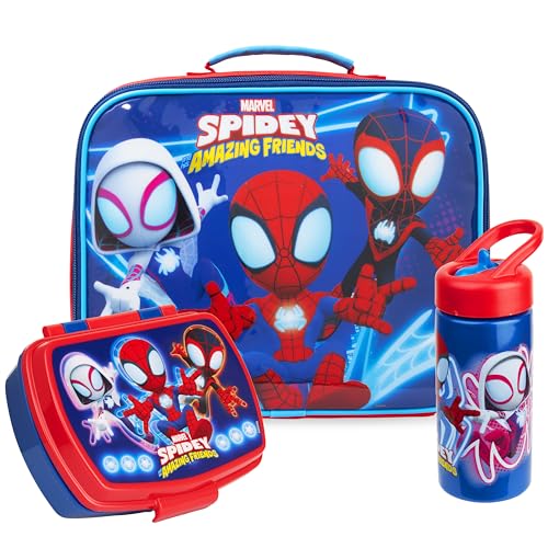 Get Trend Marvel Spidey Kids Insulated Lunch Bag 3Pc Set with Reusable Lunch Box & BPA-Free Water Bottle Lightweight with Carry Handle & Name Card Window Spider-Man Gifts for Boys (Multi Spidey)