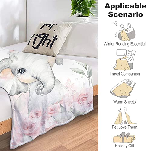 Baby Elephant Blanket Nursery Blankets Floral Elephant Decor Pink Throw Blanket Gifts For Girls Super Warm Soft Plush Lightweight Fleece Flannel Blanket Couch Bedding Blanket For Kids Women 50"X60" #TOP4