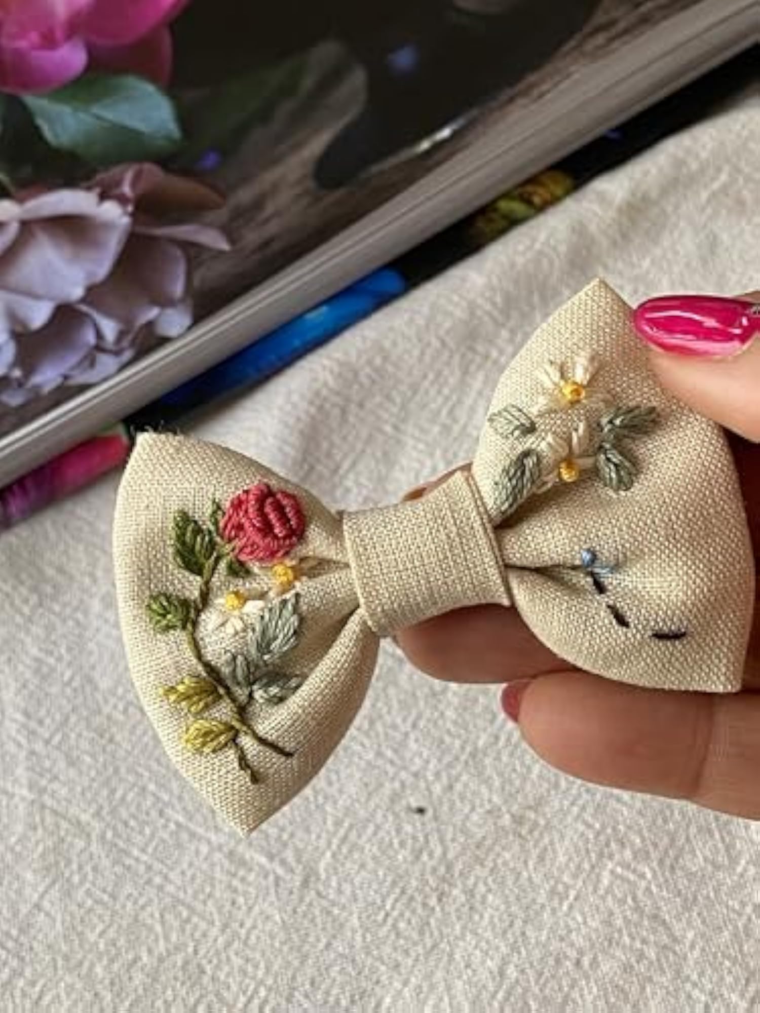 Handmade Bow Clip with Flowers on Linen Fabric, Hair Accessory