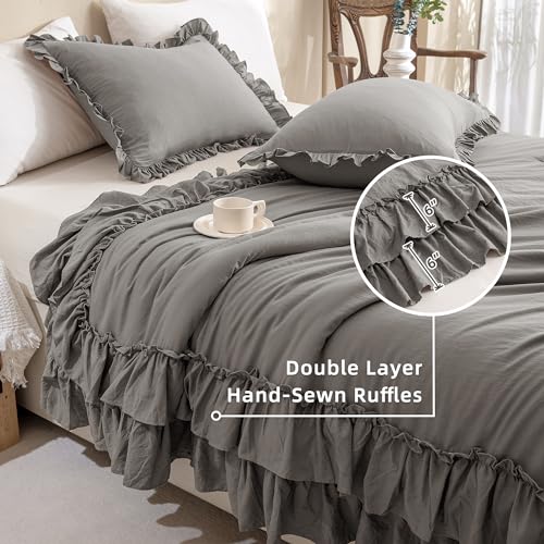 Image of QSH Shabby Grey Ruffled Chic Comforter Queen Size, Farmhouse Boho Bedding Comforter Sets, 3 Pieces All Season Microfiber Inner Fill Bedding, Ultra Soft Lightweight Comforter Queen for Bed