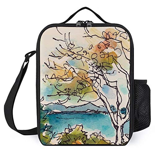 Portable Insulated Lunch BagLeakproof Reusable Lunch BoxPainting Art Drawing Watercolor Forest and Lake Handbag with Shoulder StrapLunch Container for Adults Kid for Travel Picnic School Office