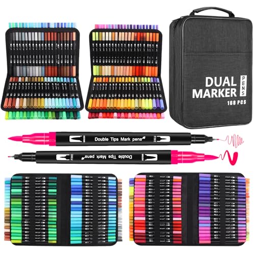 GPLMQ 168 Couleurs Feutres Coloriage - Cadeau pour Enfants avec Adulte, Feutre Double Pointe Feutres Aquarelle Stylos Pointe Fine pour Dessin, Manga,...