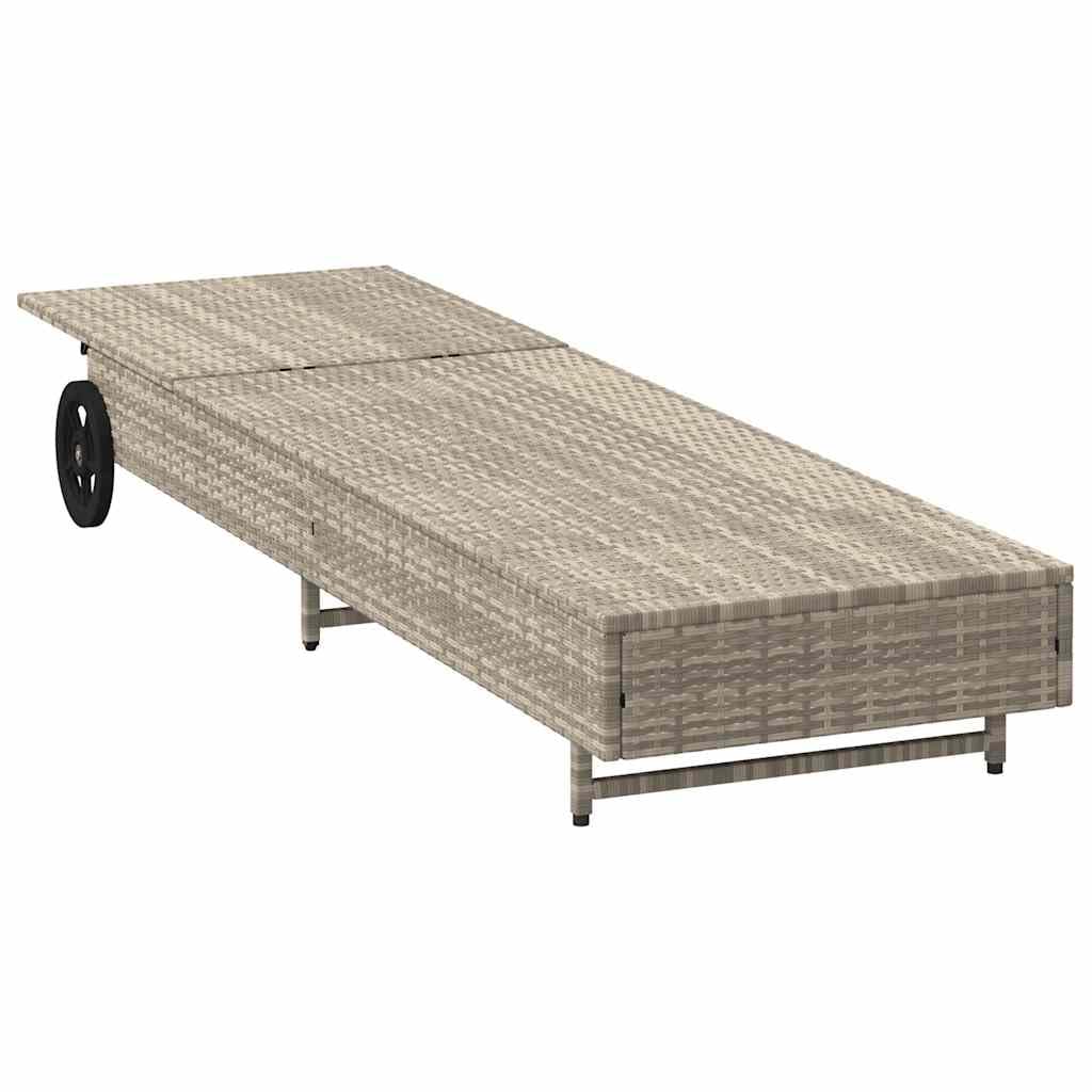 Lettino Prendisole con Ruote e Cuscino Polyrattan Grigio Chiaro Relax da Piscina con Schienale Regolabile 3 Posizioni Ruote per Giardino e Campeggio Resistente UV