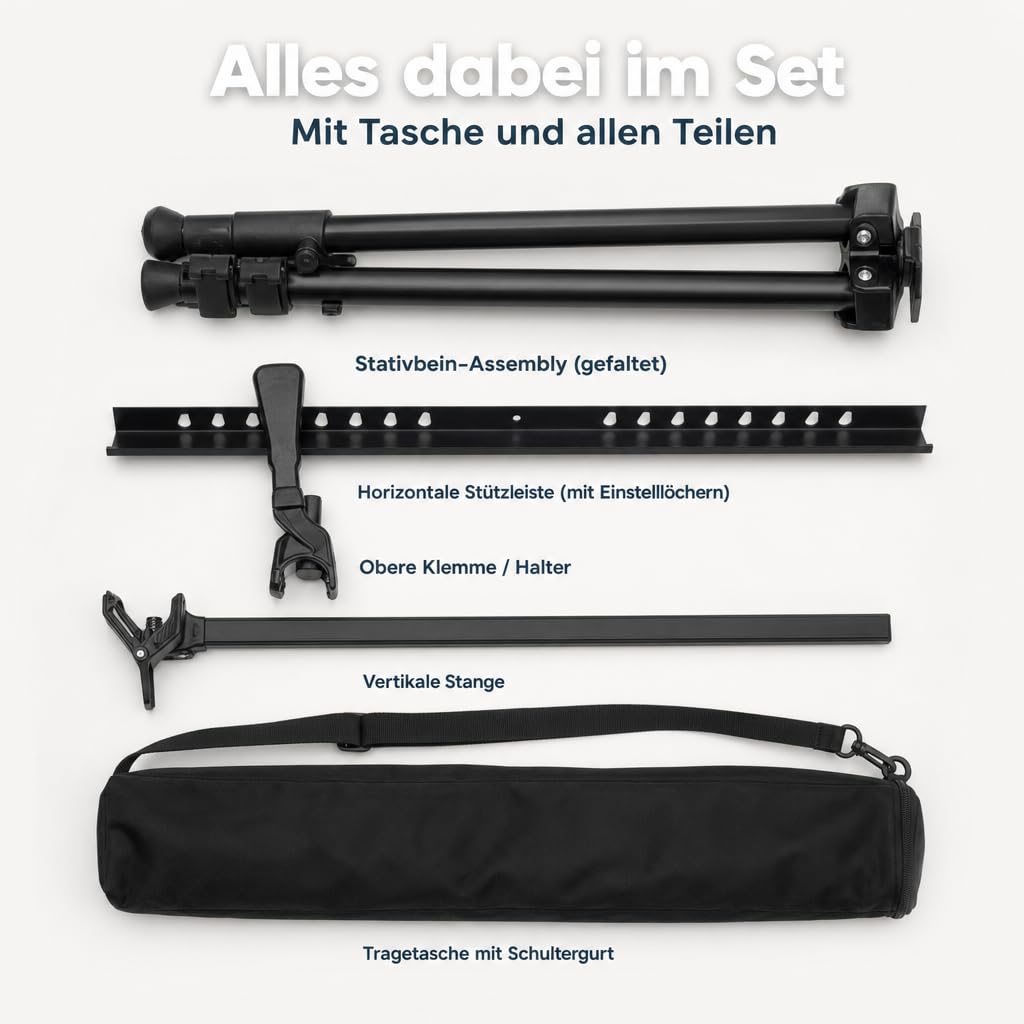 MIJOMA Składana sztaluga metalowa z torbą do przenoszenia – regulacja wysokości od 52 do 162 cm, do płócien do 80 cm – stabilna, lekka i mobilna dla artystów, prezentacji, plakatów i ekspozycji