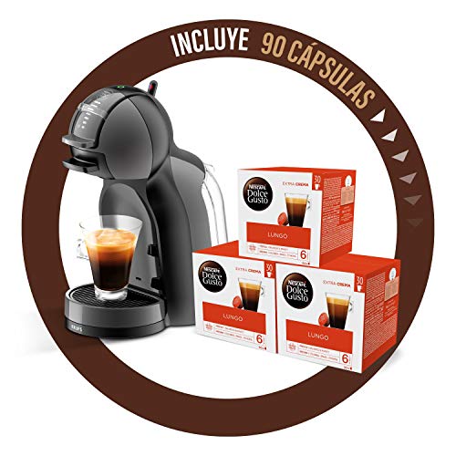 Pack Krups Dolce Gusto Mini Me KP1208 - Cafetera de cápsulas, 15 bares de presión, color negro y gris + 90 cápsulas de café con Leche