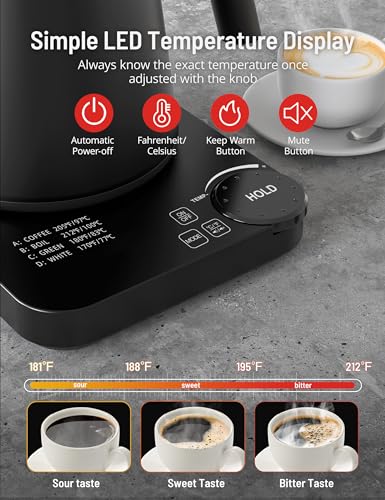 Image of Gooseneck Electric Kettle, Paris Rhone Electric Kettle with 4 Variable Presets, ±1℉ Temperature Control & LED Real-time Temperature Display, Stainless Steel Inner, 24H Keep Warm for Coffee, Tea, 0.9L
