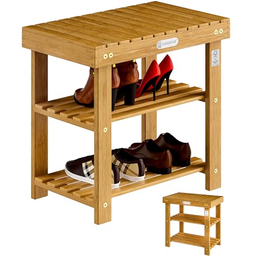 Casaria® 2en1 Meuble à Chaussures avec Banc en Bois d'acacia Dur Robuste étagère à Chaussures 2 tablettes Rangement Armoire