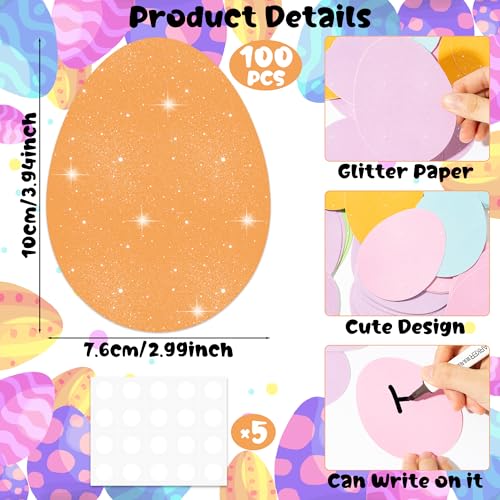 Image of Easter Glitter Egg Cutouts - 100Pcs Colorful Solid Egg Shape Paper Cutouts Bulk Spring Paper Die Cut with Glue Points for Kids Party Classroom Sunday School Bulletin Board Decor Craft Project Supplies
