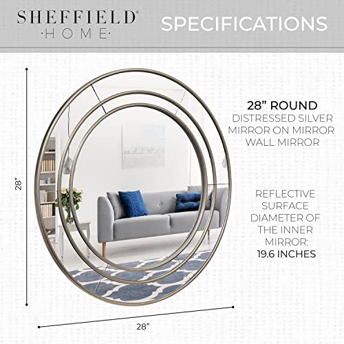 Sheffield Home 28 Inch Round Distressed Silver Mirror On Mirror Wall Mirror #TOP2