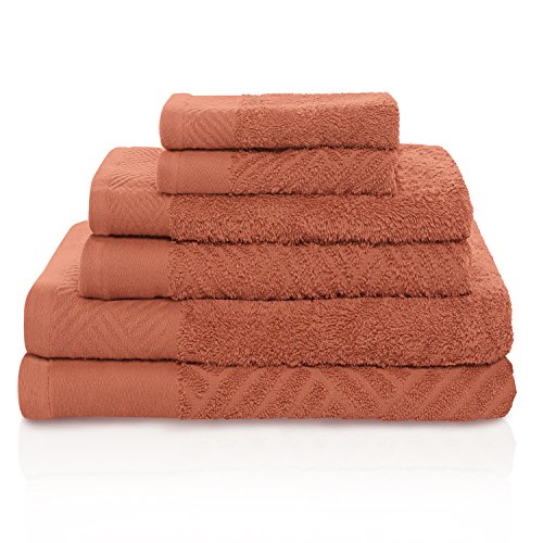 SUPERIOR 100% Egyptian Cotton 6 PC Basket Weave- Jacquard and Solid Towel Set- Pecan (2 face+2 Hand+2 Bath)