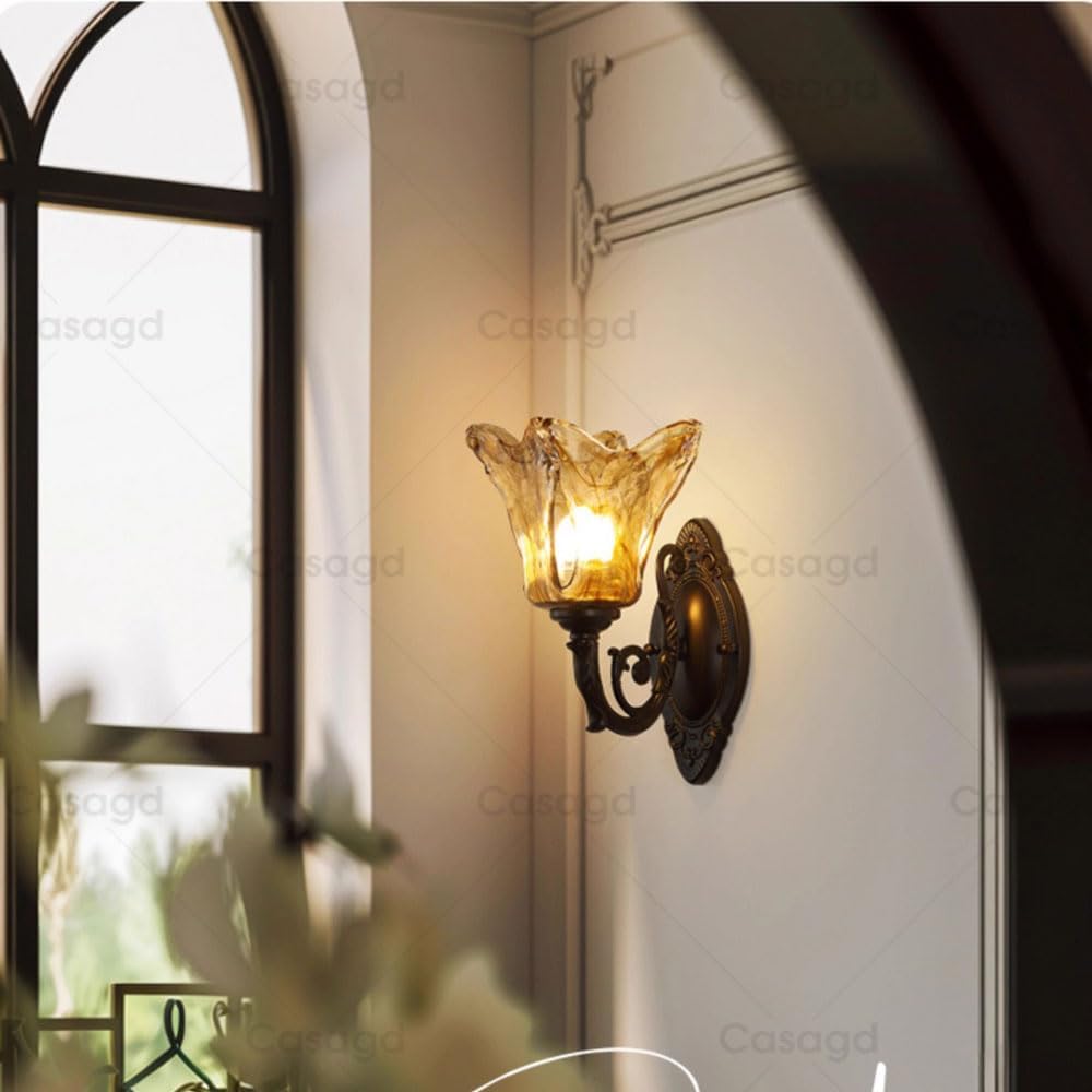 Nordic Mid Century Wall Lighting Retro Style Amber Glass Wall Light for Bedroom Medieval Home Decoration Flower Design Bedside Wall Sconce Vintage Wall Mount Lamp for Living Room Balcony