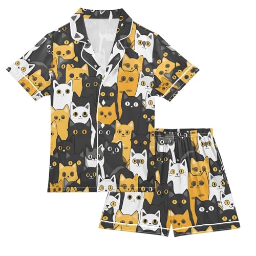 ALAZA Yellow Black White Cat Pajamas Satin Pajama Set Short Sleeve Button Down Sleepwear