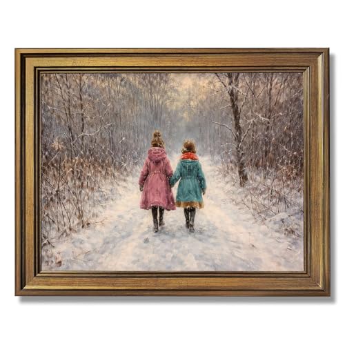 Framed Two Girls Walking in Snow Poster Canvas Print Art