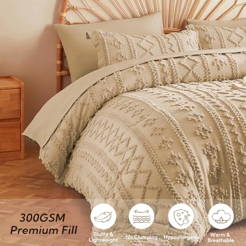 Image of MR&HM 7 Pieces Boho Comforter Set King, Khaki Tufted Boho Bedding Set, Farmhouse Shabby Chic Bed in a Bag with 1 Comforter, 2 Pillow Shams, 2 Pillowcases, 1 Flat Sheet, 1 Fitted Sheet for All Seasons
