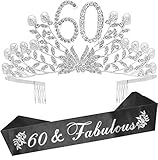 60th Birthday Gifts for Women, 60th Birthday Tiara and Sash, 60 Fabulous Sash and Crystal Tiara,...