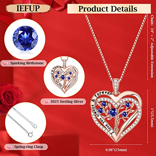 Iefup Sapphire Necklace For Women, S925 Sterling Silver Tree Of Life Necklace Double Heart Birthstone Necklace Anniversary Valentines Day Christmas Birthday Mothers Day Gifts For Mom Wife Grandma #TOP3